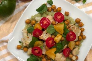 Roasted Cauliflower and Chickpeas on Basil Quinoa