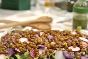 Green Salad With Radishes, Walnuts and Sesame Garlic Chickpeas