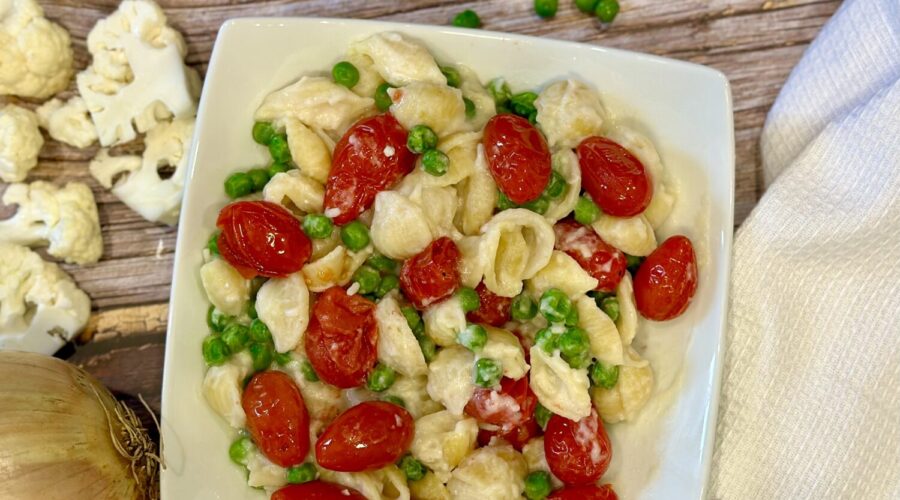 Pasta with Cauliflower Alfredo, Peas and Tomatoes